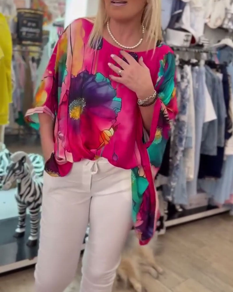 Bluse Fledermausärmel Halber Ärmel Druck