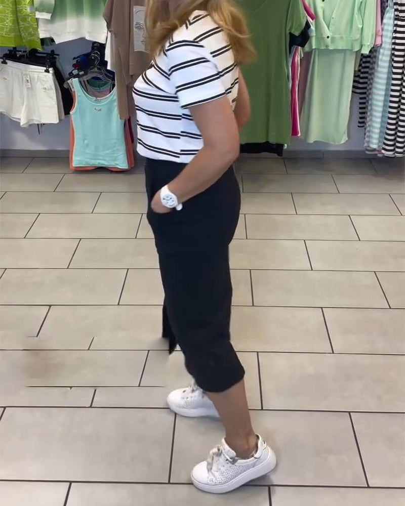 Set Runder Ausschnitt Gestreifter Schlitzrock