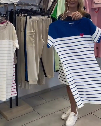 Kleid Rundhals-Ausschnitt Casual Gestreift