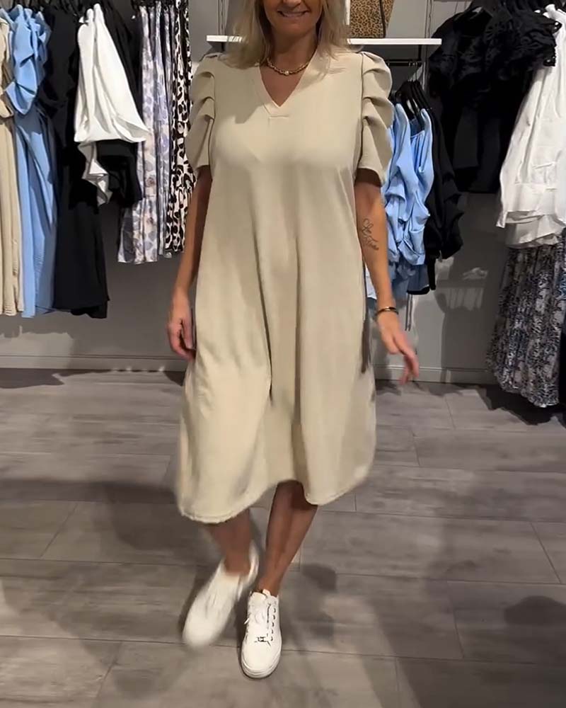 Kleid Puffärmel V-Ausschnitt Temperamentvoll