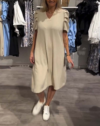 Kleid Puffärmel V-Ausschnitt Temperamentvoll