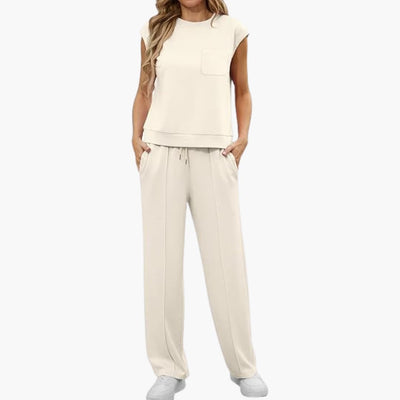 Zweiteiliges Sommer Set für Damen mit Kappärmeln und Taschen