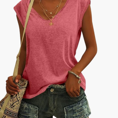 Damen V-Ausschnitt Top mit Cap-Ärmeln und Stretchmaterial