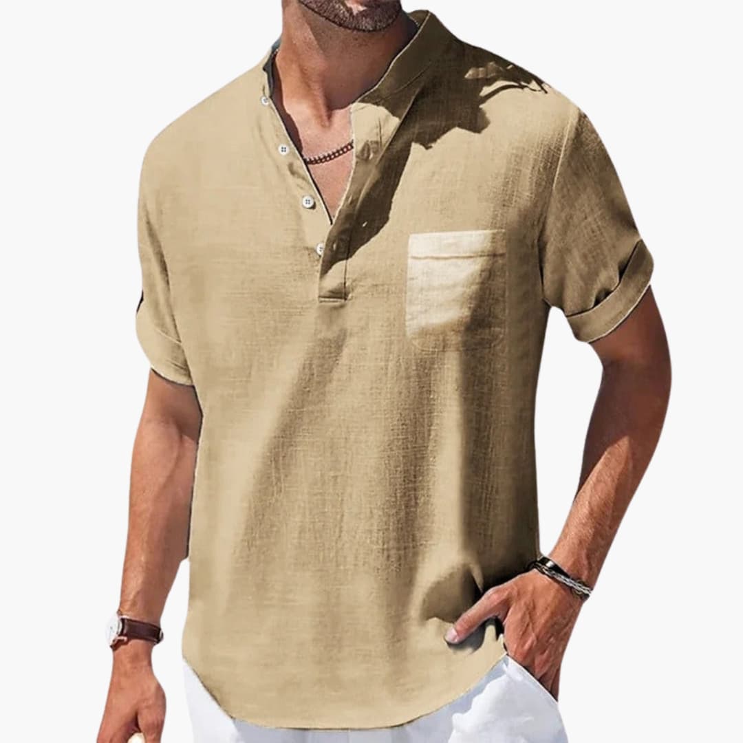 Herren Sommer T-Shirt mit Knopfleiste und Stehkragen