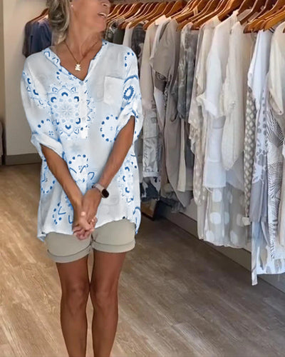 Bluse Vielseitig V-Ausschnitt Bedruckt Halbe Ärmel