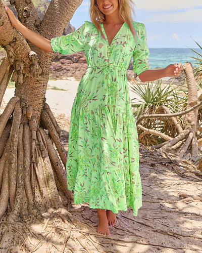 Kleid V-Ausschnitt Blumenmuster Kurzarm