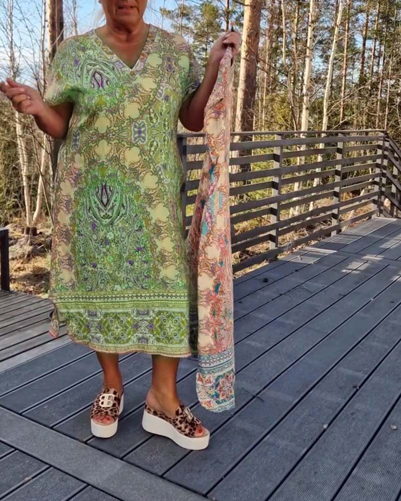 Kleid V-Ausschnitt Kurzarm Bedruckt Gerade