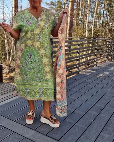 Kleid V-Ausschnitt Kurzarm Bedruckt Gerade