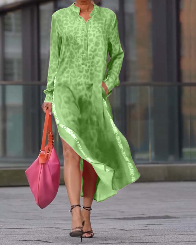 Kleid Langarm Leopardenmuster Schlitz