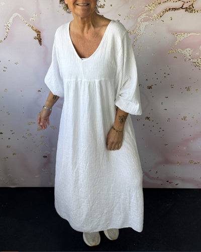 Kleid Waldstil V-Ausschnitt Falten Einfarbig