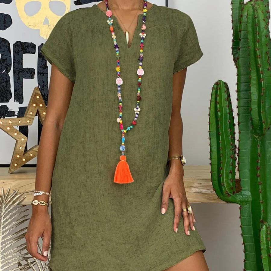 V-Ausschnitt Leinenkleid für Damen