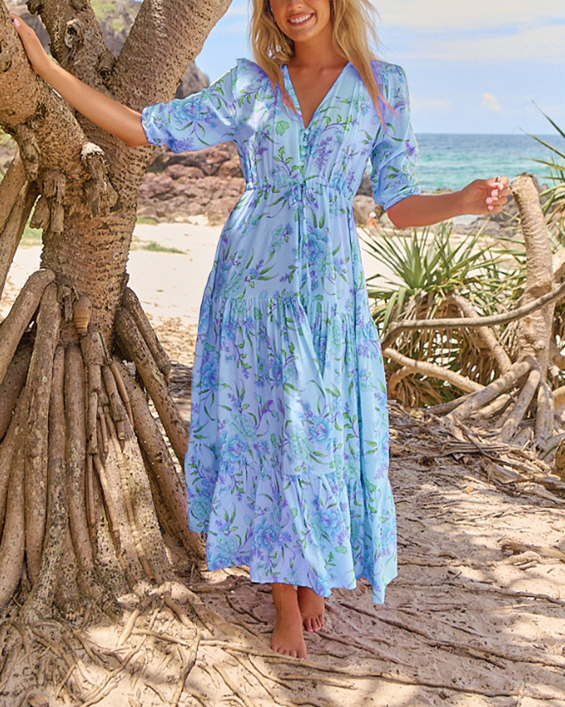 Kleid V-Ausschnitt Blumenmuster Kurzarm