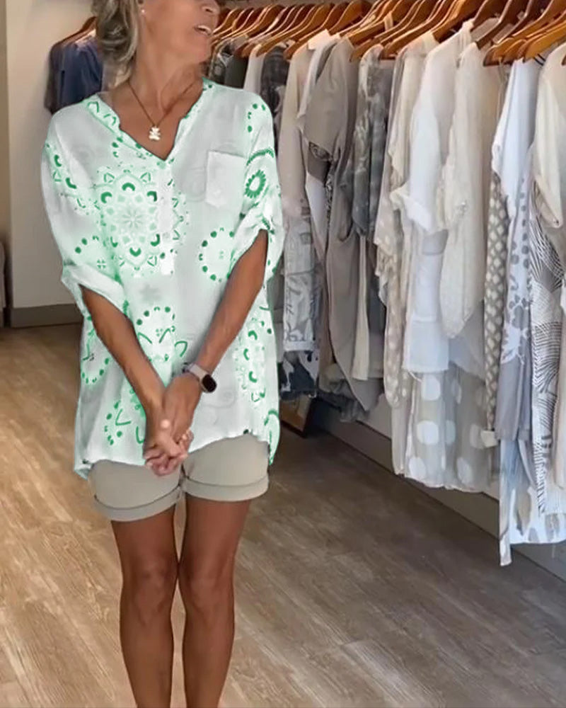 Bluse Vielseitig V-Ausschnitt Bedruckt Halbe Ärmel