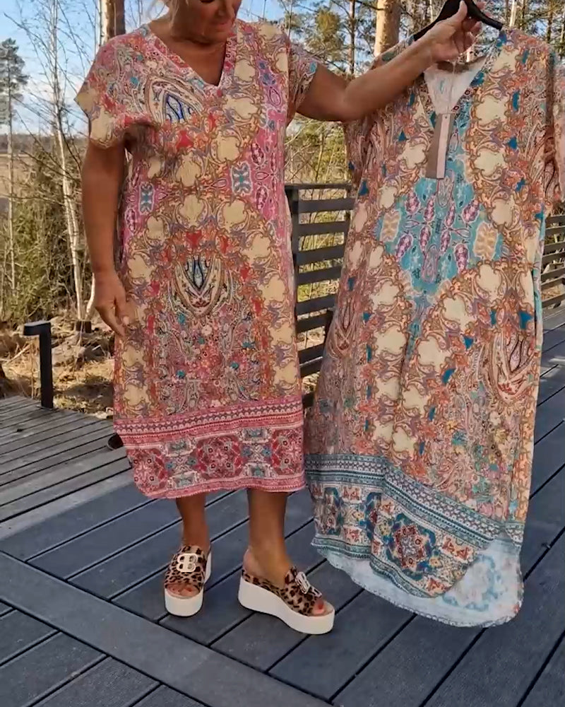 Kleid V-Ausschnitt Kurzarm Bedruckt Gerade