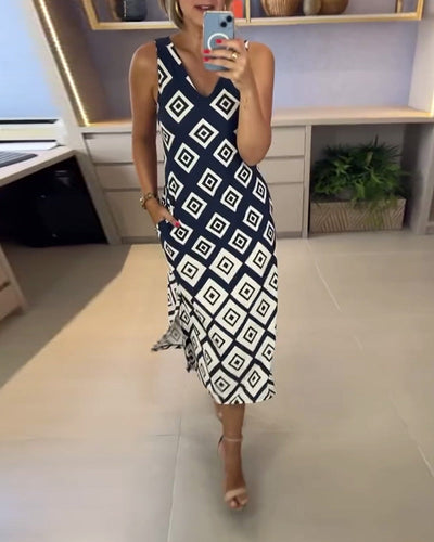 Kleid V-Ausschnitt Rautenmuster Ärmellos