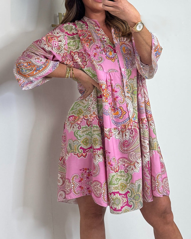 Kleid V-Ausschnitt Paisley Muster Lässig Locker Gerade