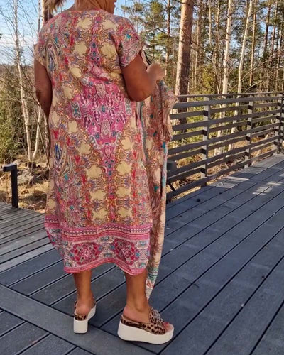 Kleid V-Ausschnitt Kurzarm Bedruckt Gerade