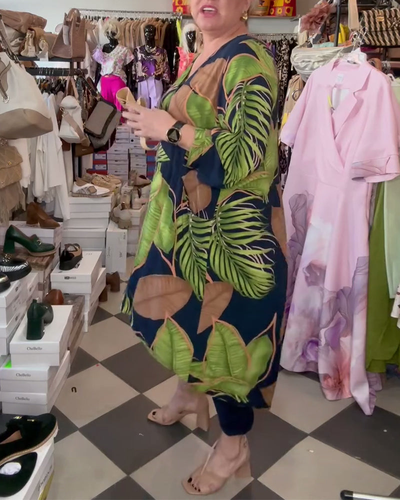 Lockeres Kleid Mit Blattmuster Und V-Ausschnitt