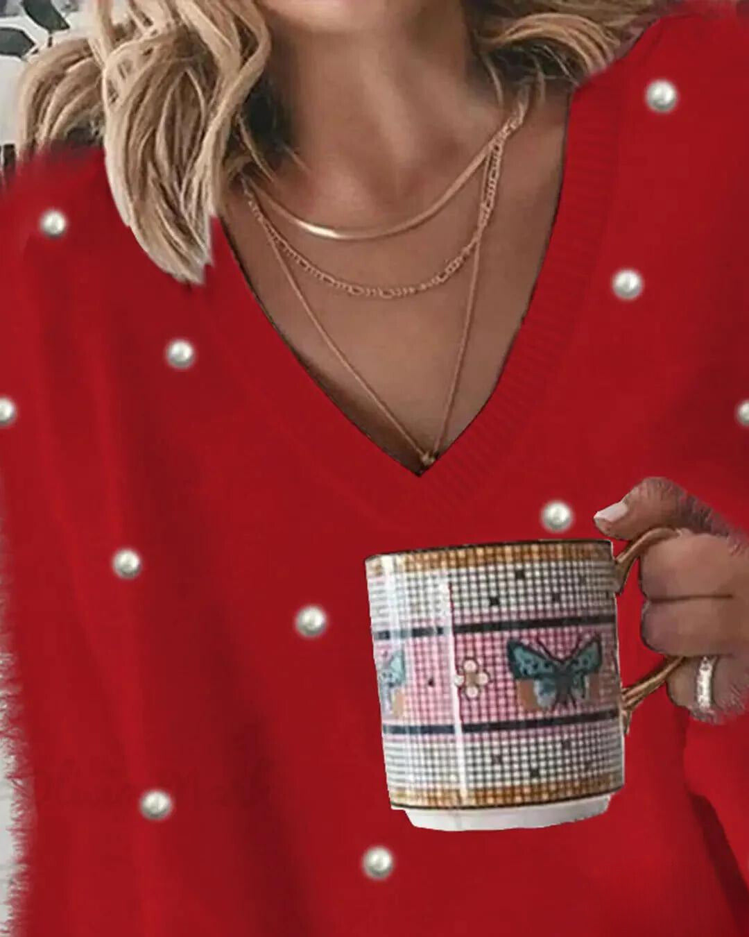 Flauschiger Pullover mit V-Ausschnitt für Frauen