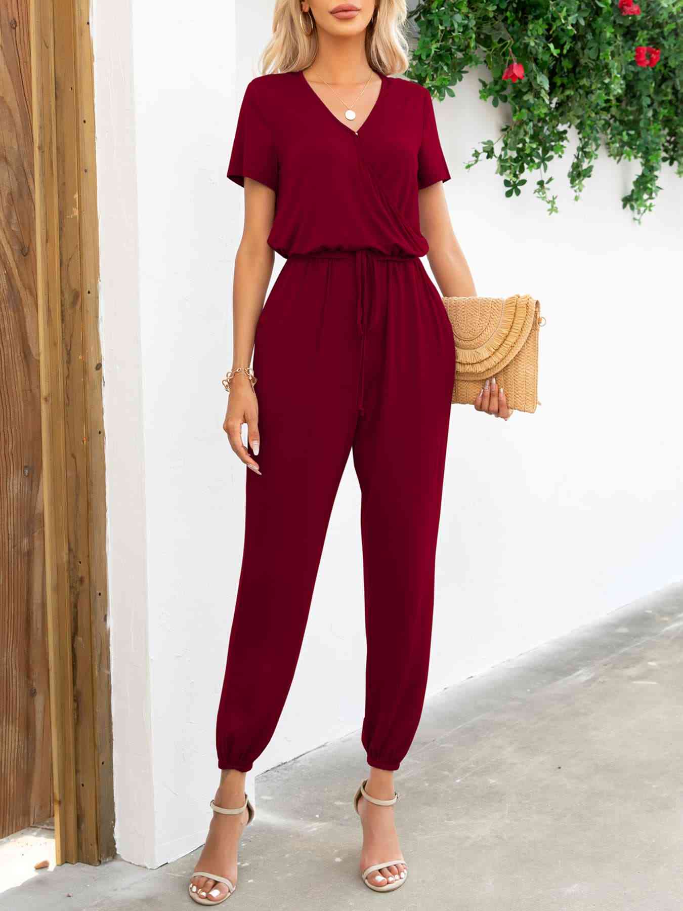 Heidi-Mode | Kurzarm V-Ausschnitt Jumpsuit mit Taschen