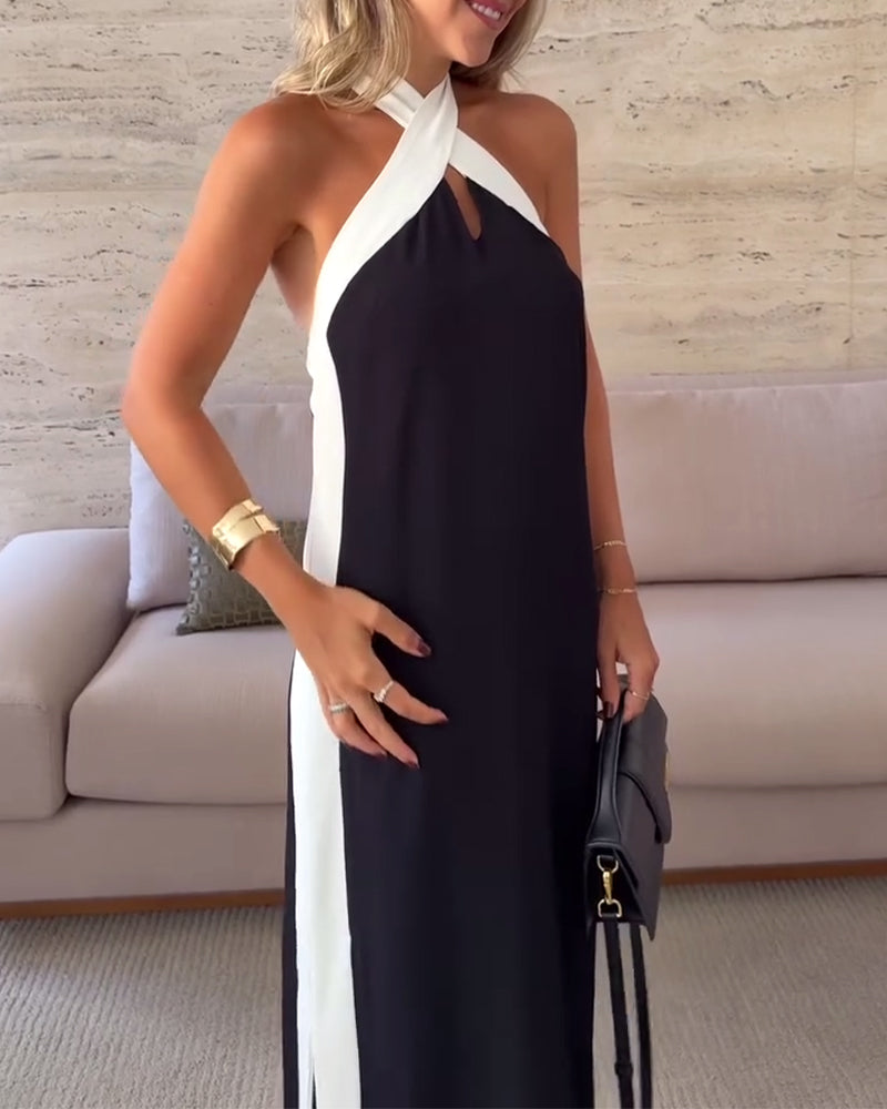 Kleid Temperament Trägerneck Kontrastfarbe