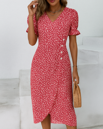 Damen Elegantes Blumen Kleid | V-Ausschnitt