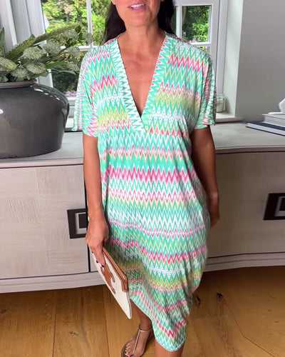 Kleid lässig Wellendruck Schlitz V-Ausschnitt