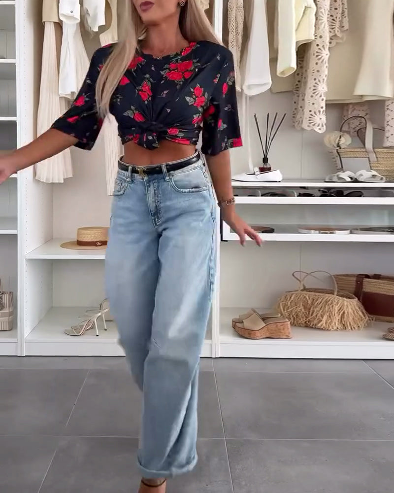 T-Shirt Rundhals Blumenmuster Kurzärmlig