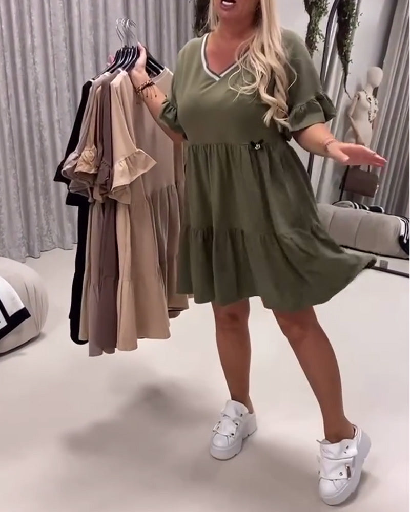 Kleid V-Ausschnitt Rüschenärmel A-Linie