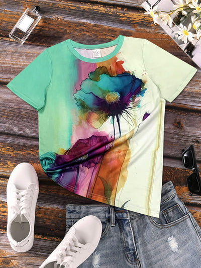 Heidi-Mode | Blumenprint Farbblock T-Shirt mit Kurzarm