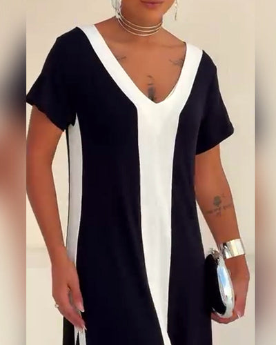 Kleid Temperament V-Ausschnitt Kontrastfarbe