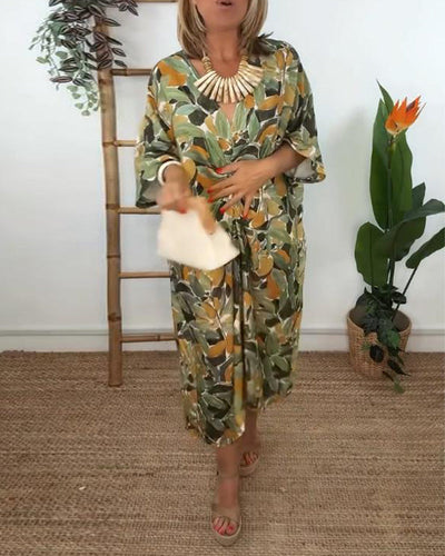 Kleid V-Ausschnitt Falten Print