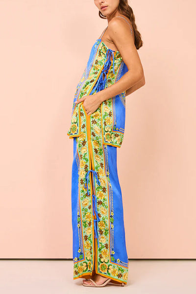 Completo Nara – Top mit seitlichen Schnürungen & bedruckte Palazzo-Hosen