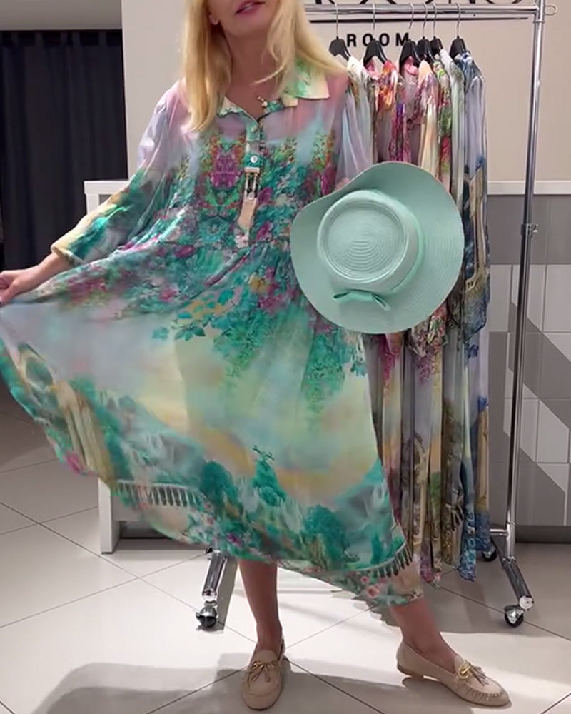 Kleid Laternenärmel Hemdkragen bedruckt lang