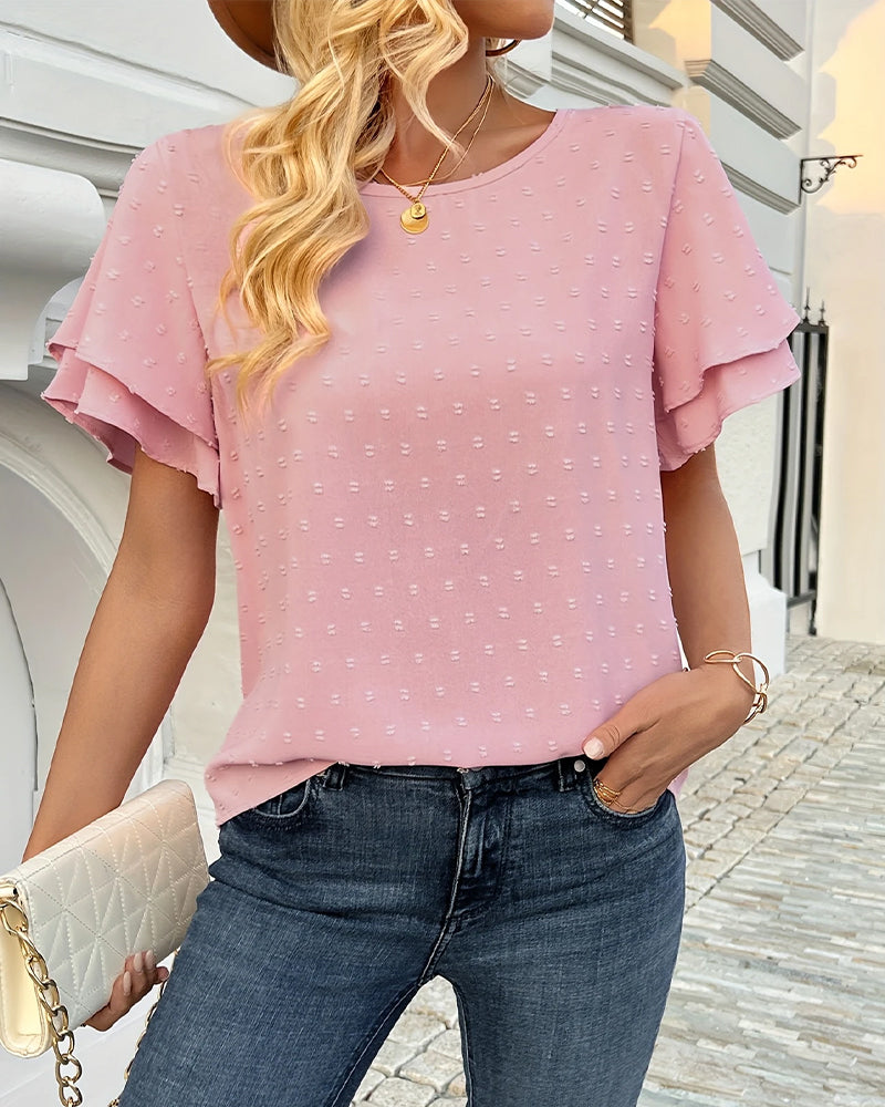 Bluse Blütenärmel Unifarben Kurzarm