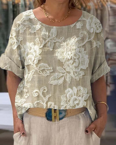 T-Shirt Mit Rundem Hals Retro Blumen Stil