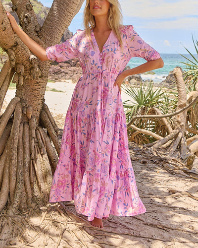 Kleid V-Ausschnitt Blumenmuster Kurzarm