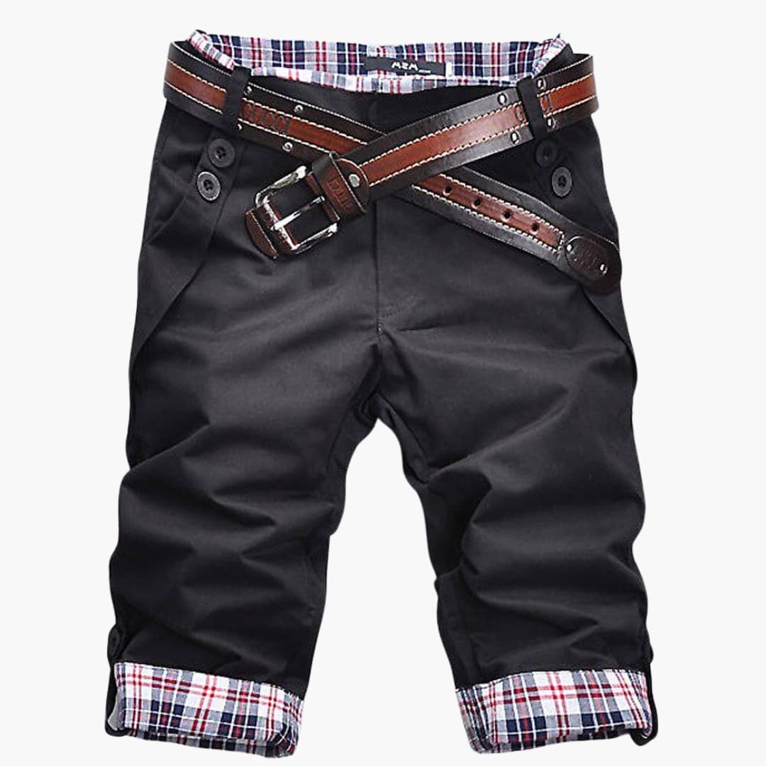 Herren Baumwollshorts mit Gürtel und Karoaufschlägen knielang