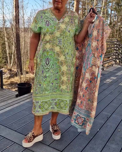 Kleid V-Ausschnitt Kurzarm Bedruckt Gerade