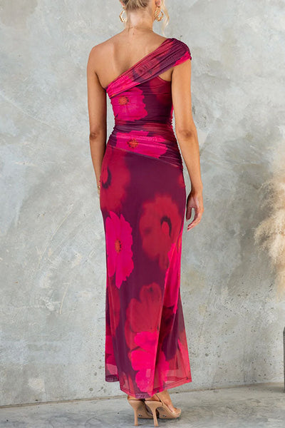 Alba – One‑Shoulder‑Maxikleid mit floralem Mesh und figurbetontem Schnitt