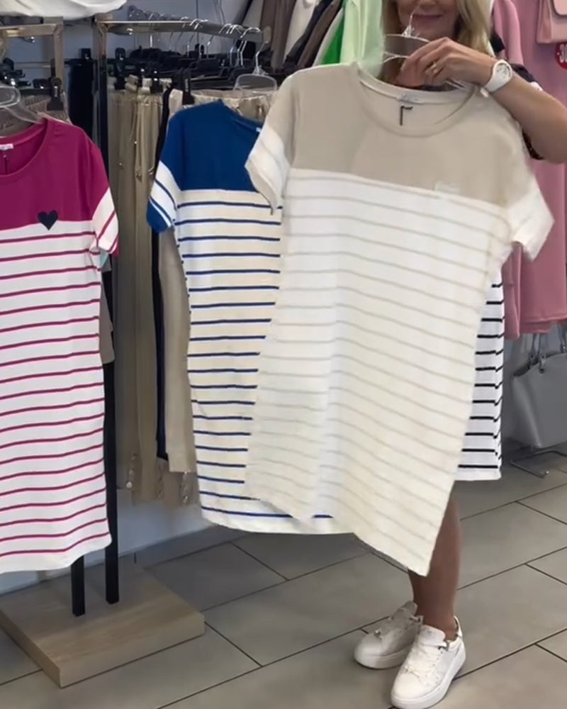 Kleid Rundhals-Ausschnitt Casual Gestreift