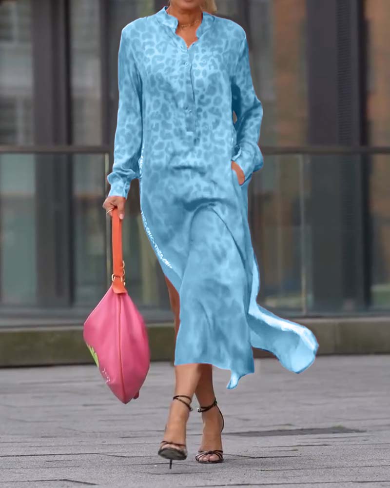 Kleid Langarm Leopardenmuster Schlitz