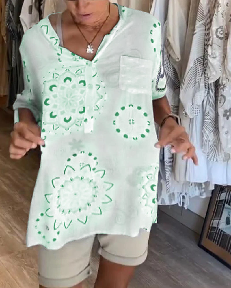 Bluse Vielseitig V-Ausschnitt Bedruckt Halbe Ärmel