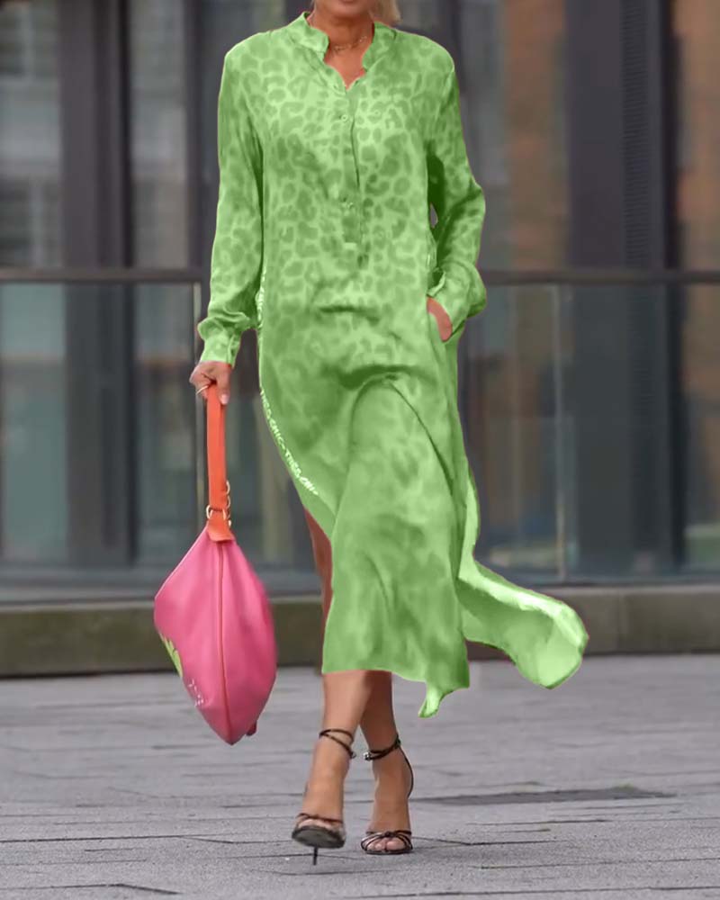 Kleid Langarm Leopardenmuster Schlitz