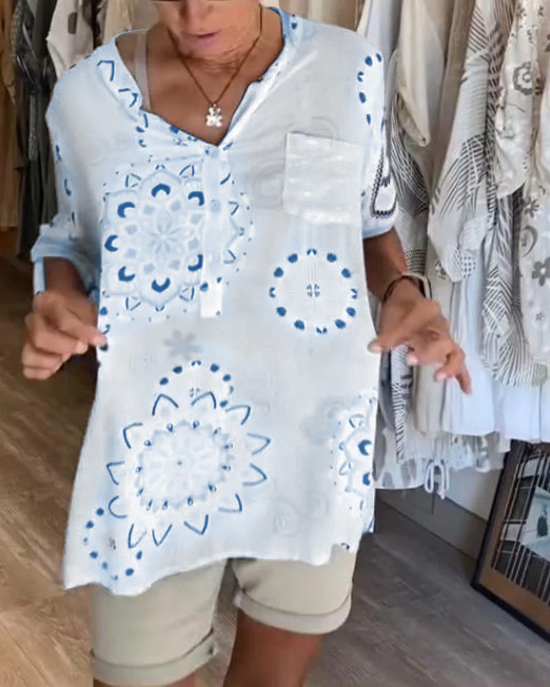 Bluse Vielseitig V-Ausschnitt Bedruckt Halbe Ärmel