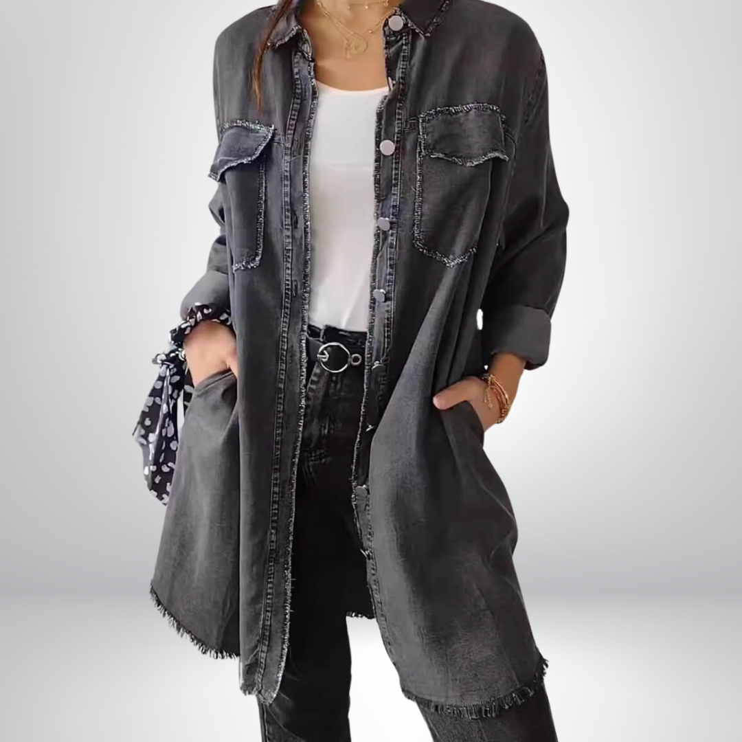 Krystyna – Stilvolle Jeansjacke Mit Langen Ärmeln und Kragen