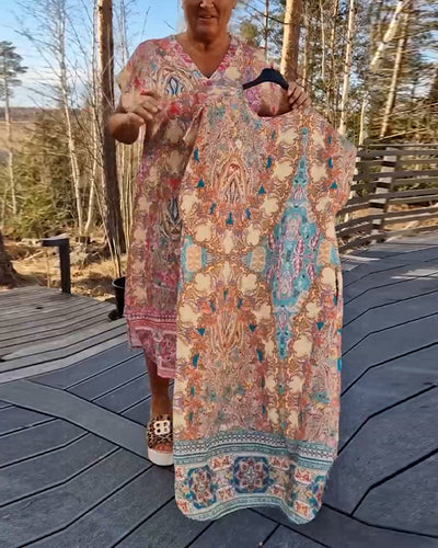 Kleid V-Ausschnitt Kurzarm Bedruckt Gerade