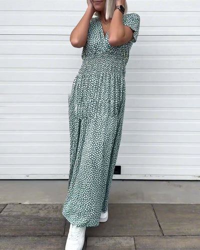 Kleid V-Ausschnitt Bedruckte Taille Kurzärmelig