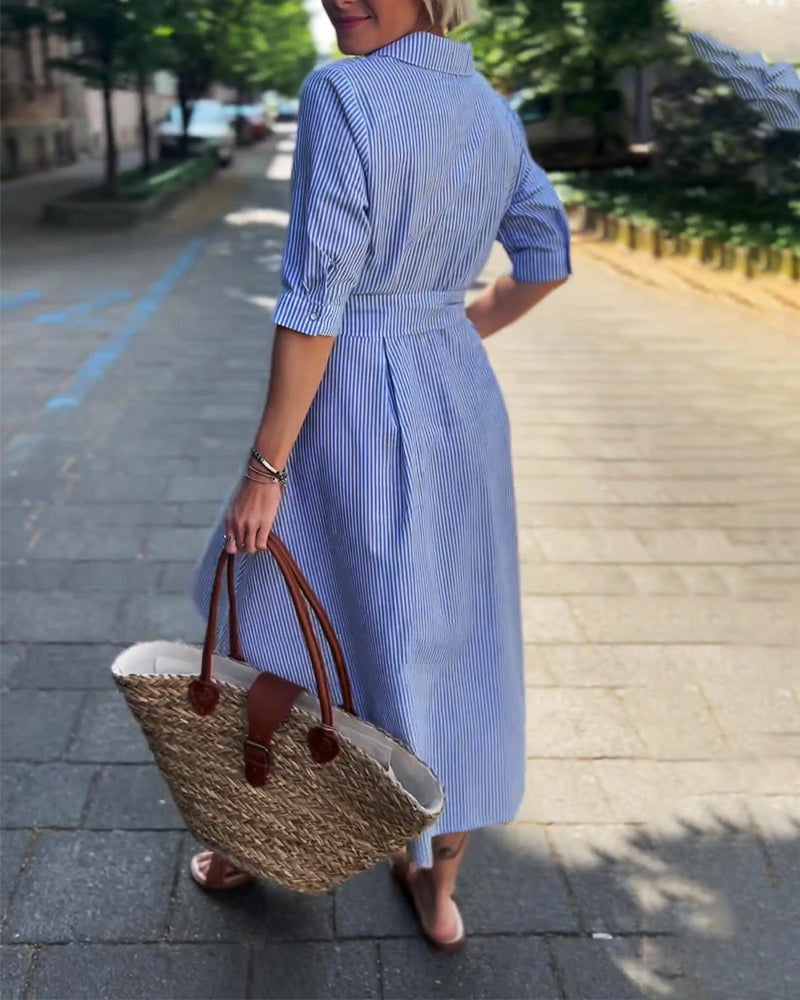 Kleid Taillenbund Revers Gestreift