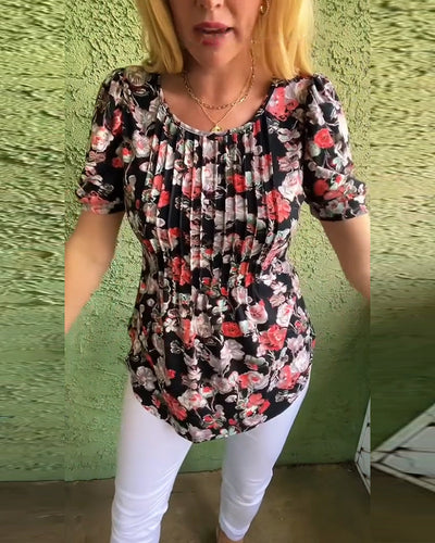 Bluse Rundhals Puffärmel Plissiert Blumenmuster
